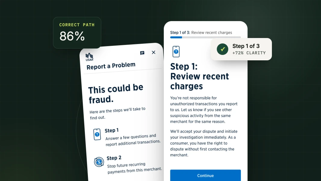 USAA dispute intake screens: Report a Problem and Step 1 of 3, Review recent charges
